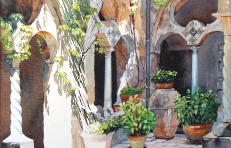 This the third of the Villa Cimbrone paintings depicts a sunny hidden cloister with charming twisted columns.  