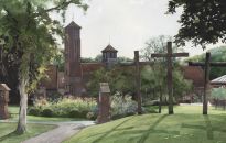 The Shrine in Little Walsingham North Norfolk is of global importance to the Anglican Church. Commissioned by Fr Kevin Smith, Priest Administrator in 2017, this large watercolour depicting the Shrine Church and gardens, is on permanent display and was officially unveiled at a meeting of the Shrine Guardians in April 2018.