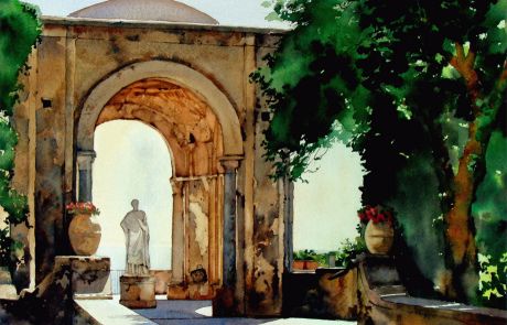 This the Second of the Villa Cimbrone paintings depicts the Temple of Ceres leading to the Belvedere  or so called Terrace of Infinity which has magnificent views of the Amalfi coast.