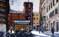 Just around the corner from The Pantheon, people stream back to their accommodation as evening light fades.
