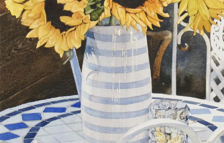 This beautifully lit jug of sunflowers was sitting on the metal table depicted in a recent Owengate cafe painting. Although a departure from my normal subject material, the painting process gave great pleasure. And despite the obvious allure of the flowers themselves, my favourite passages are the rusty ends to the metalwork of the garden chairs.